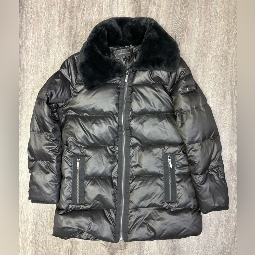 BCBGMaxAzria Women’s L Down Puffer Coat Gunmetal Gray Faux Fur Collar Full Zip